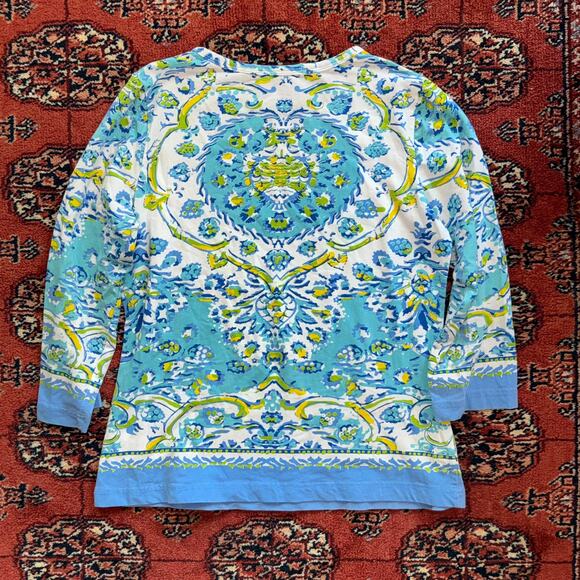 Barbara Gerwit L Aqua Blue/Green Print Stretch Cotton Long Sleeve T-Shirt - Picture 5 of 7